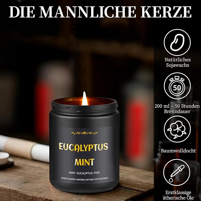 Scented Candles for Men, 4 Pack Mens Candle Set, Soy Candles for Home Scented, Masculine Candle for Him, 28oz, 200 Hours Burning Time Aromatherapy Candles of Lavender/Eucalyptus/Leather/Oak