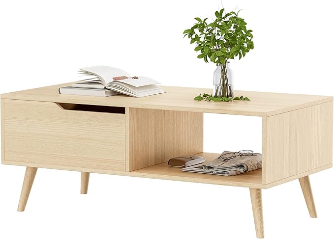 Oak Coffee Table, Mid Century Modern Coffee Table with Drawer & Shelf, 39'' Wooden Simple Console Table for Living Room