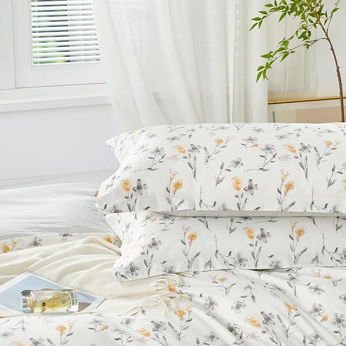 SAPHREAS Water Ink Grey Floral Duvet Cover Set King Size 3pcs Yellow Calla Lily Flowers White Bedding Comforter Cover Set 100% Cotton 1 Duvet Cover 104"x90" 2 Pillow Shams, Comforter Not Included