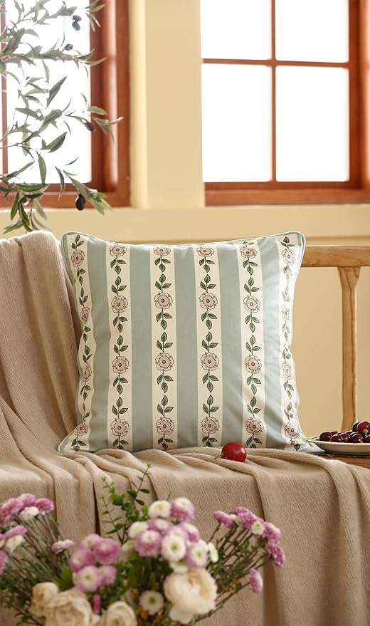 Throw Pillow Covers Pack of 4,Green Cozy Velvet Farmhouse with Birds and Floral Pattern Pillowcases,Decoration Square Round Lumbar Pillows Cushion Covers for Couch Sofa Bed Car Chair
