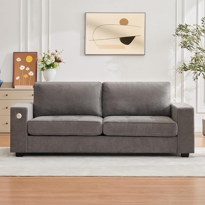 Garvee 90" Chenille Fabric Sofa Modern Comfort Sofa with USB/Type-C Ports, Deep Seat Cushions, Removable Cover, Wide Armrests Ideal for Living Rooms, Small Spaces & Apartments - Gray