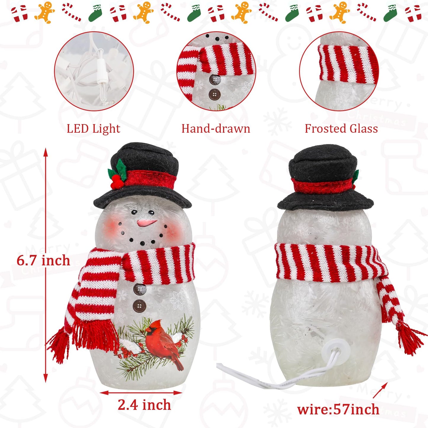 VCUTEKA Crackle Glass Snowman Lamp, Lighted Stained Glass Christmas Decoration with Red Cardinals, Scarf and Hat, LED Holiday Night Light for Xmas Home Décor or Gift