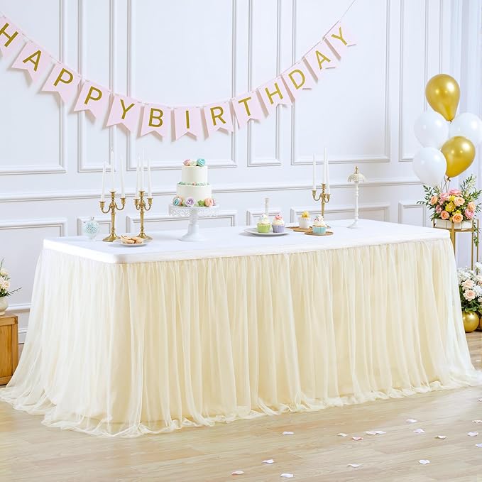 Suppromo Champagne Tulle Table Skirt for Birthday Party 6ft Champagne Tutu Table Cloths Desk Skirt for Wedding Reception Baby Shower Bridal Shower Dessert Cake Table Decorations