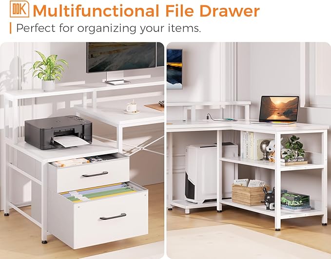 ODK L Shaped Desk with File Drawer, 66" Reversible L Shaped Computer Desk with Power Outlet & LED Strip, Home Office Desk with Storage Shelves, Gaming Desk with Monitor Shelf, Corner Desk, White