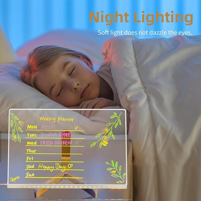LED Note Board with 7 Colors Pen, Lighted Acrylic Dry Erase Board, 11.8 X 7.9” Glowing Acrylic Message Marker Board, LED Illuminated Drawing Board Light Up Dry Erase Board for Office School Home