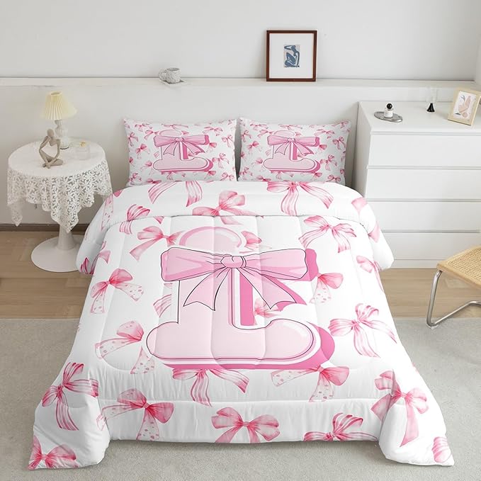 jejeloiu Kids Girls Cute Pink Bow Comforter Set Twin Size Personalized Initial L Bedding Set Ultra Soft Monogrammed Duvet Quilt Coquette Bow Knot Quilt Set Room Decor Modern Fashion Comforter