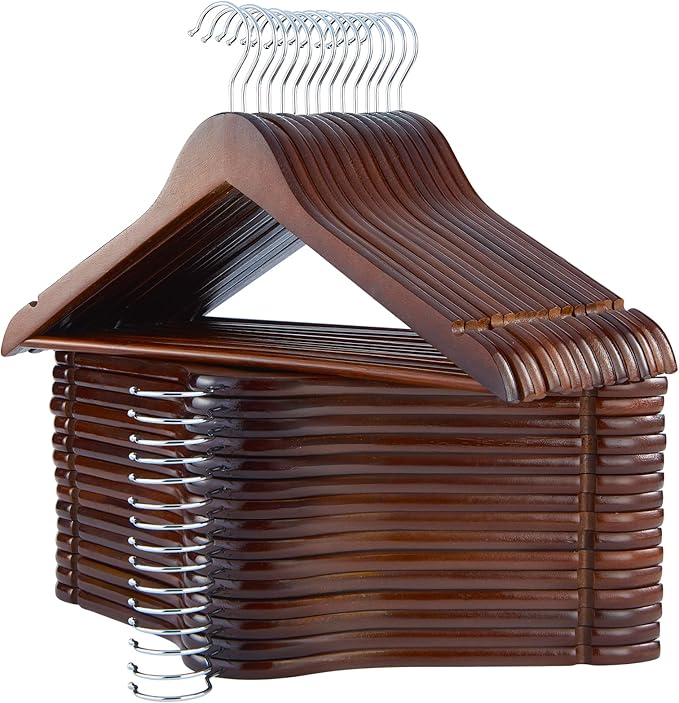 ELONG HOME Solid Wooden Hangers, 30 Pack Walnut Slim Wood Hangers with Extra Smooth Finish, Precisely Cut Notches and Chrome Swivel Hook, Wooden Clothes Hangers for Shirt Suit Jacket Dress