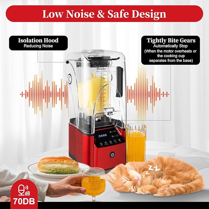 Commercial Blender with Soundproof Shield, Quiet Professional Blender, Intelligent Touch Buttons Countertop Smoothie Mixer, Adjustable Speed Smoothie Juicer