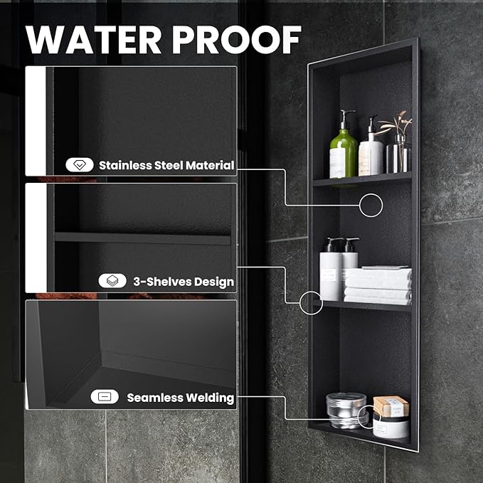 Stainless Steel Shower Niche 12" x 36", 3-Tier Shower Niches No Tile Needed, Recessed Niche for Shower Wall, Shower Niche Shelf for Bathroom Storage, Matte Black