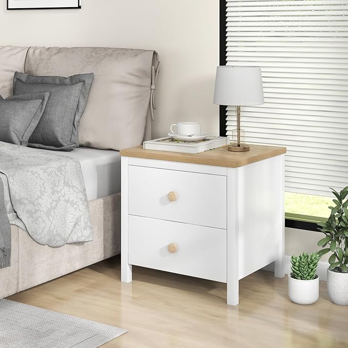Giantex Night Stand with 2 Drawers, Farmhouse Bedside Table with Cute Round Knobs, Wooden Floor End Table with Rubber Wood Legs, Small Sofa Side Table for Small Space Kids Bedroom College, White