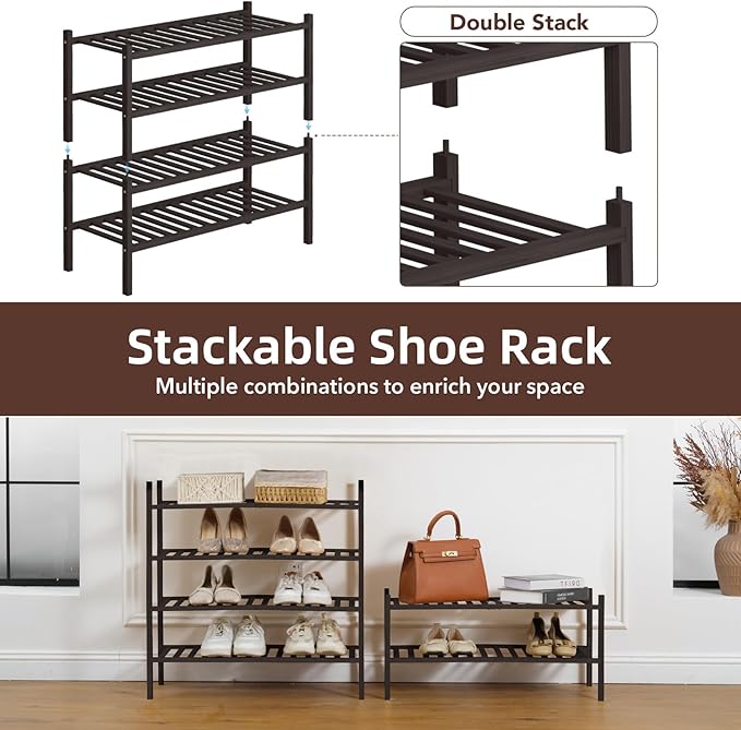 2 Tier Bamboo Shoe Rack Storage Organizer for Closet, Multifunctional Stackable Free Standing Shoe Shelf Organizer for Small Space,Entryway, Hallway, Bathroom27 x11 x13 (Brown, 2 Tier)