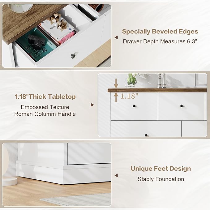 JUMMICO Dresser for Bedroom, Wide Chest of Drawers with 5 Wood Dresser Drawers, TV Stand, Modern Design for Bedroom, Living Room, Hallway, and Entryway (Light White)