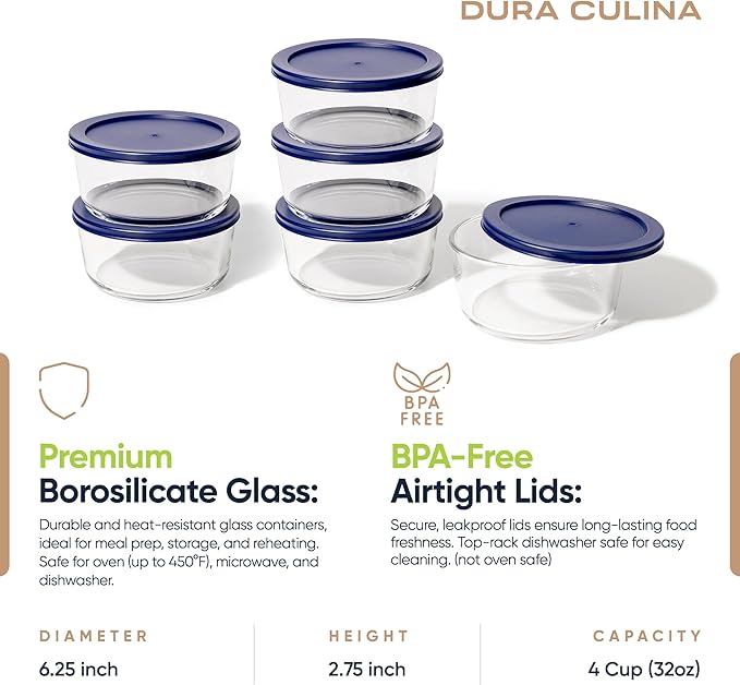 12-Piece Glass Food Storage Containers Set (6 Containers + 6 BPA-Free Lids) | 4-Cup, Leakproof | Microwave, Freezer, Oven & Dishwasher Safe | Ideal for Meal Prep & Pantry Organization