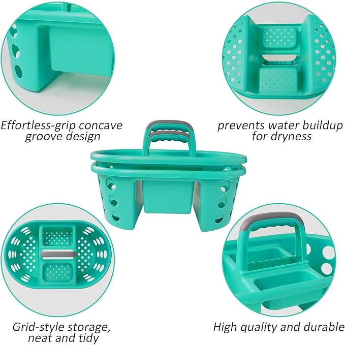 Large Shower Caddy Portable 2PC - Made in USA Plastic Jumbo Size Dorm Storage Candy Tote with Handle Shower Organizer for Bathroom, Pantry, Kitchen, College Dorm, Aqua