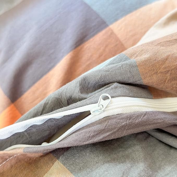 FACE TWO FACE Bedding Duvet Cover Set100% Washed Cotton Duvet Cover Linen Like Textured Breathable Durable Soft Comfy (California King, Cookie Powder Grid)