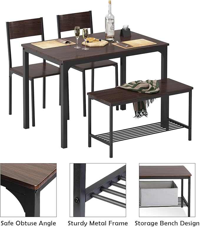 soges Dining Table Set for 4, 43.3 inch Kitchen Table Set with Chairs and Bench, 4 Piece Dining Room Table Set for Small Space, Apartment, Restaurant, Rustic Oak
