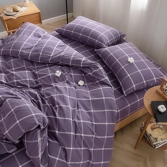 FACE TWO FACE Bedding Duvet Cover Set 3 Pieces 100% Washed Cotton Duvet Cover Linen Like Textured Breathable Durable Soft Comfy (King, Purple Grid)