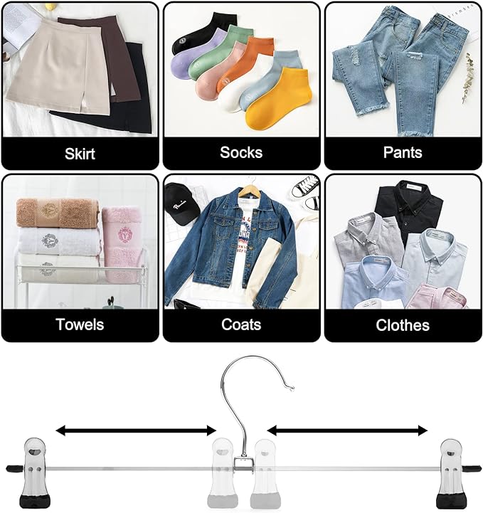 Pants & Skirt Hangers with Adjustable Non-Slip Clips - Space Saving Metal Hangers for Coats, Garments & Jeans - 10 Pack