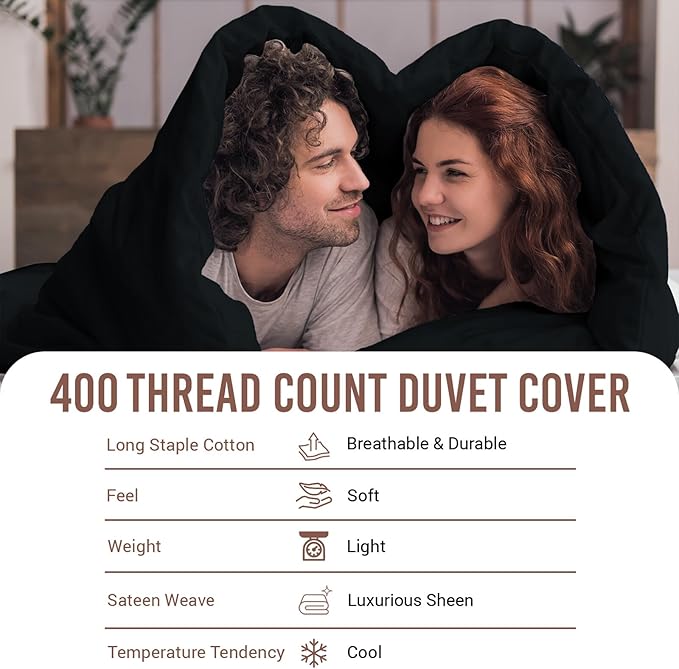 Pizuna Pure 100% Cotton Twin Duvet Cover Set, Luxurious 400 Thread Count Long Staple Cotton Sateen Weave with Button Closure (Combed Black Cotton Duvet Cover Twin)