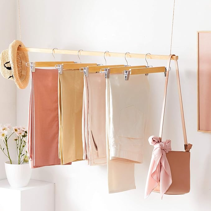 SONGMICS Wooden Pants Hangers 12 Pack, Pants Hangers with Clips, Adjustable Anti-Rust Metal Clips, 360° Swivel Hook, Skirt Hangers for Pant, Skirts, Natural Grain UCRW008-12