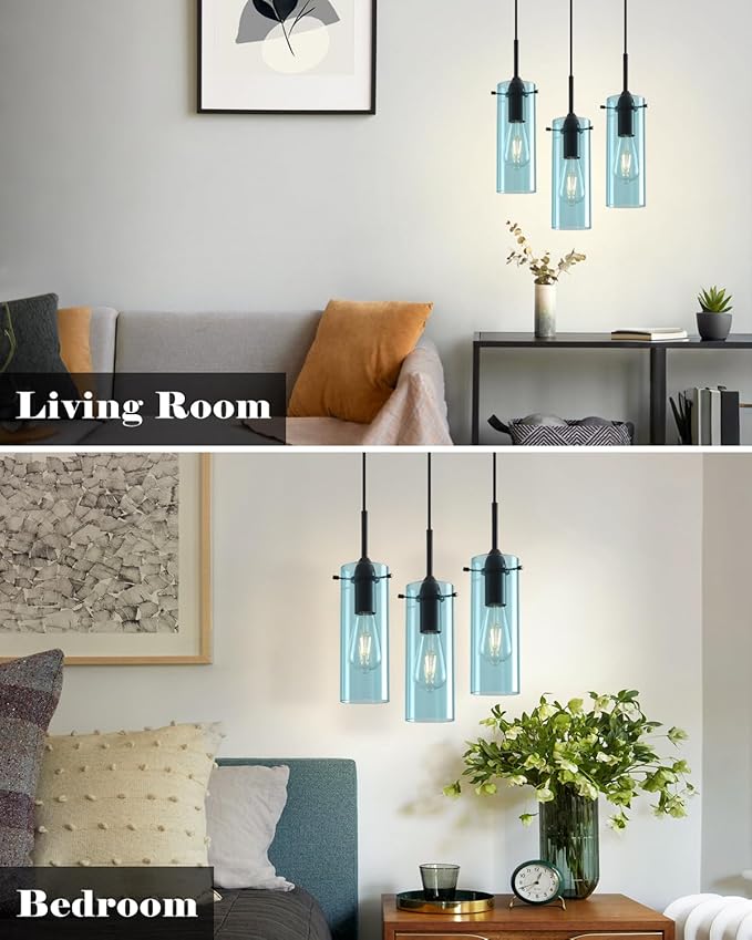 Blue Pendant Lights Kitchen Island 3 Packs, Blown Glass Pendant Light, Modern Glass Kitchen Pendant Light, Hanging Pendant Lights, Island Pendant Lights for Kitchen, Dining Living Bathroom