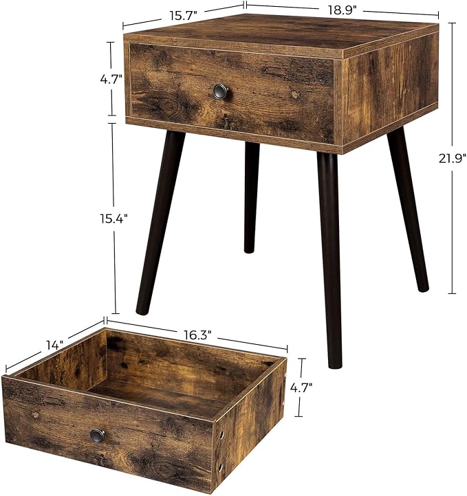 VASAGLE Nightstand, Sofa Side Table, End Table with a Drawer and Tapered Legs, Retro Style, for Bedroom, Rustic Brown ULET176B01