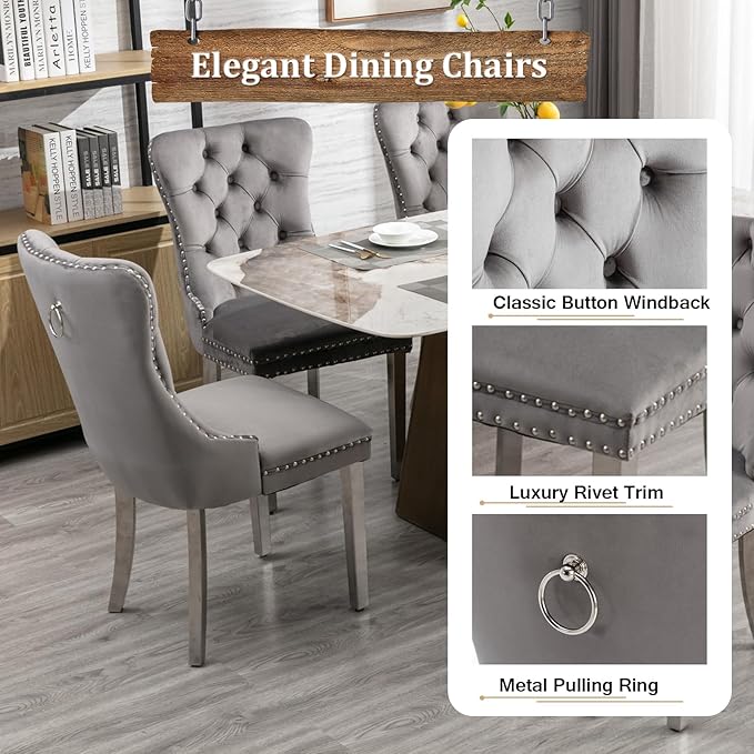 Goujxcy 68" Marble Dining Table Set for 6, Modern Rectangle Dining Room Table Set for 6, Luxury White Silver Marble Kitchen Table and Chairs Set of 6 for Living Room,Kitchen