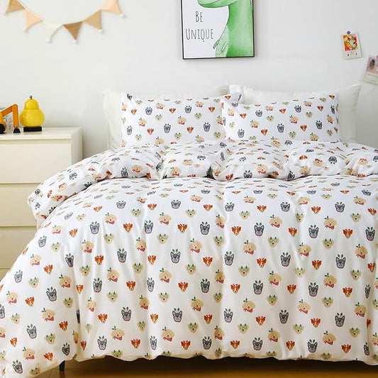 Ivellow Queen Duvet Cover Set Dog Animal White 100% Cotton Duvet Cover for Kids Cute Bedding Set 3Pcs Ultra Soft Breathable Kids Duvet Cover Patterned Cartoon Comforter Cover Boys Girls Toddler Teen