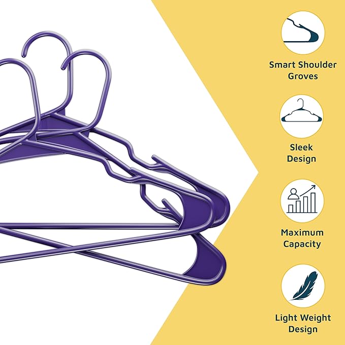 Plastic Clothes Hangers – Heavy Duty Hanger Set, for Organizing Clothes, Dresses, and Coat, Holds Up to 5 lbs, Space-Saving Hangers with Non-Slip Shoulder Grooves, Pack of 100, Purple