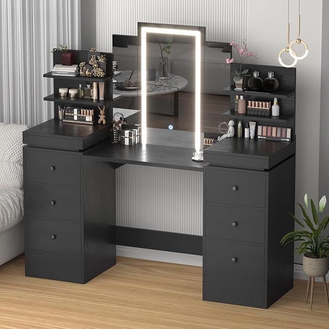 57.1" W Vanity Makeup Table with Lighted Mirror Table with Tri-Folding Mirror, 8 Drawers, 3 Light Modes, Open Storage Shelves, Vanity Table as Gifts for Girls/Women Vanity Must Haves