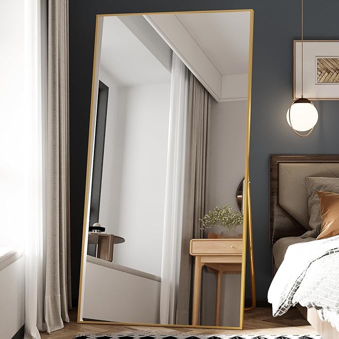Beauty4U 76" x 37" Large Full Length Mirror with Stand, Gold Wall Mounting Full Body Tempered Mirror, Metal Frame Full-Length Mirror for Living Room, Bedroom