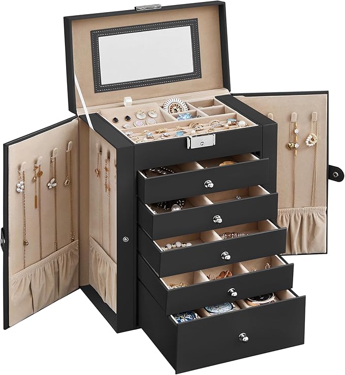 SONGMICS 6 Tier Jewelry Box, Jewelry Storage Organizer with 5 Drawers, Large Storage Capacity, with Mirror, Lockable, Jewelry Case, Gift for Loved Ones, For Watches, Black UJBC152B01