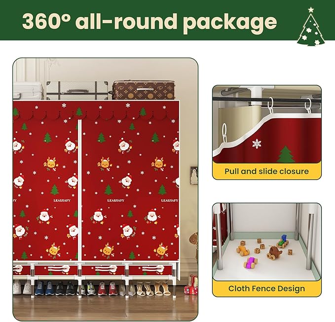 Portable Wardrobe with 4 Drawers Simple Temporary Wardrobe, Armario Portátil,New Oxford Cloth, Christmas Style (Christmas Color)