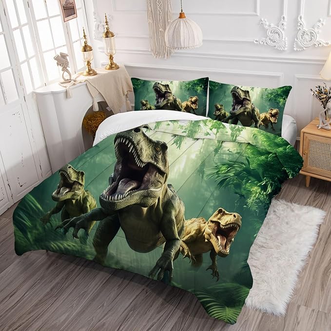 Kids Dinosaur Comforter Set Full Size for Boys Green Dino Quilt Set Soft Microfiber Dino Bed Set for All Season Use Dinosaur Bedding Set with 1 Comforter + 2 Pillowcases