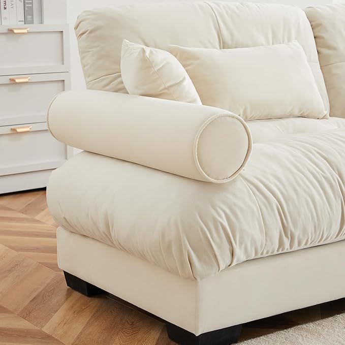 Ball & Cast 130" Oversized Modular Sofa,L Shaped 3-Seater Couch Sectional Couch with Round Bolster Armrests and 5 Pillows,Fluffy Velvet Deap Seat Couches w/Ottoman,for Living Room,Convertible,Cream