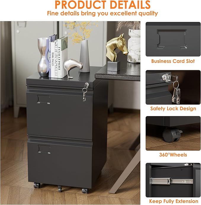 2 Drawer Mobile File Cabinet, Metal Under Desk Cabinet with Lock Name Card Holder for Office Home, Legal/Letter Size, W14.57”x D17.36”x H25.79”, Assembly Required