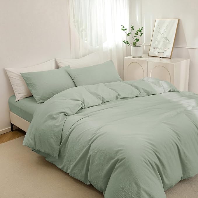 JIYUAN 100% Washed Cotton Duvet Cover Set 2 Pieces Twin, 1 Duvet Cover 68x90 Inches(Comforter Not Included) and 1 Pillowcases,Linen Feel Bedding Set Comfy and Breathable, Heathered Sage Green