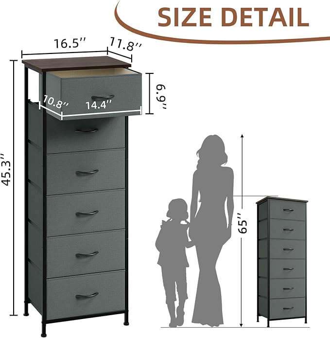 Somdot Tall Dresser for Bedroom with 6 Drawers and Side Pockets, Storage Organizer Chest of Drawers with Fabric Bins for Closet Bedside Nursery Living Room Entryway Hallway, Charcoal Grey