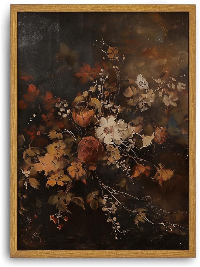Djmwtb Vintage Framed Wall Art Dark Floral Canvas Wall Art Prints Moody Botanical Painting Flower Pictures Wall Decor Artwork for Living Room Bedroom Bathroom Office 8x10in