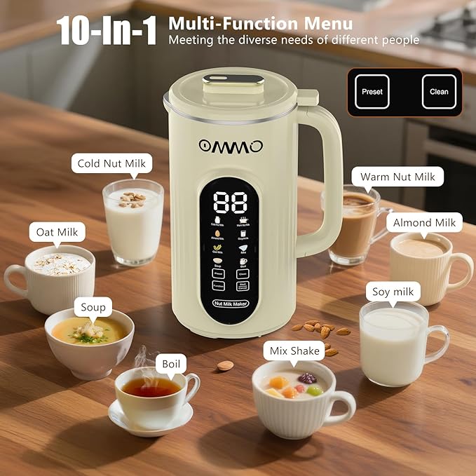 OMMO 10 in 1 Nut Milk Maker Machine Blender, 35oz Soy Milk Maker with Large Screen/10 Blades for Hot/Cold Almond Oat Soybean Milk Maker, 12 Hours Timer/Self-Cleaning, Includes Recipe Book-Accessories