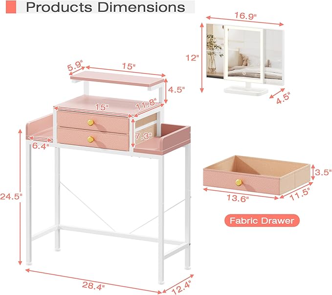 Vanity Desk with Mirror and Lights, 28.4''W Small Makeup Vanity Table with Height-Adjustable Stand, 2 Fabric Drawers Compact Makeup Desk, Gift for Girls, Bedroom Small Space, Pink