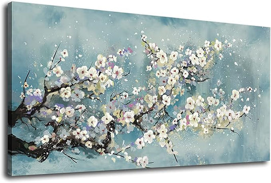 Flowers Wall Art Plum Blossom Canvas Art Botanical Floral Canvas Pictures Grey Blue Canvas Artwork for Bedroom Living Room Bathroom Kitchen Office Home Wall Decor Framed Ready to Hang 20" x 40"
