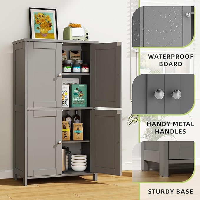 Vongrasig Bathroom Floor Storage Cabinet, Modern Storage Unit with 4 Doors and Adjustable Shelves, Freestanding Sideboard Cabinet for Bathroom, Kitchen, Living Room, Grey