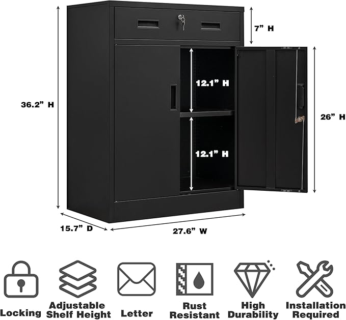 Storage Cabinet, 36 Inch Tall Metal Storage Cabinet with Doors and Shelves, Metal Cabinet with Drawers, Pantry Cabinets for Kitchen Storage, Garage Cabinet for Living, Dining Room.