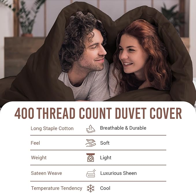 Pizuna Pure 100% Cotton Queen Duvet Cover Set, Luxurious 400 Thread Count Long Staple Cotton Sateen Weave with Button Closure (Combed Dark Brown Cotton Duvet Cover Queen)