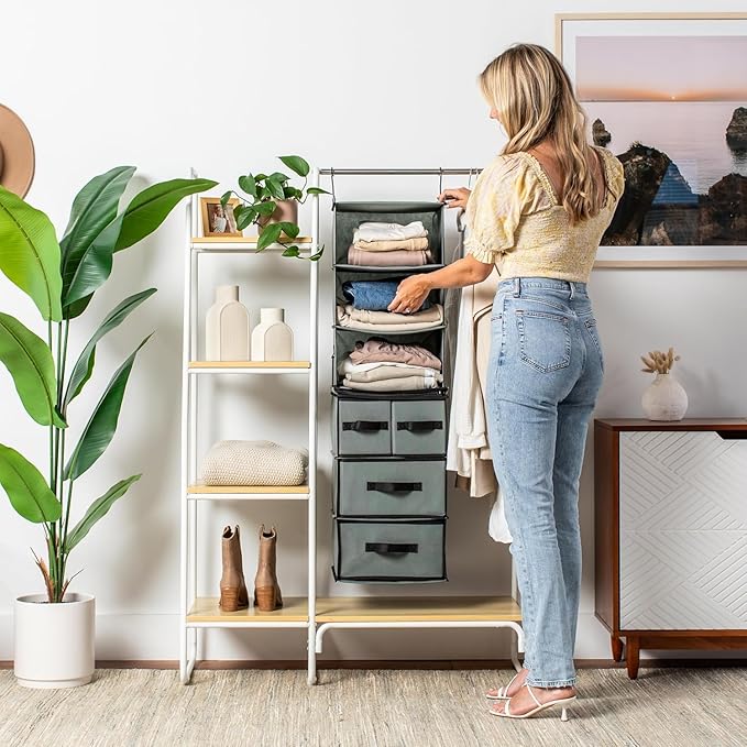 SMIRLY 6 Shelf Hanging Closet Organizer Hanging Shelves, Closet Hanging Organizer with 2 Sturdy Hooks for Wardrobe, Nursery, Storage (Beige, Inseparate)