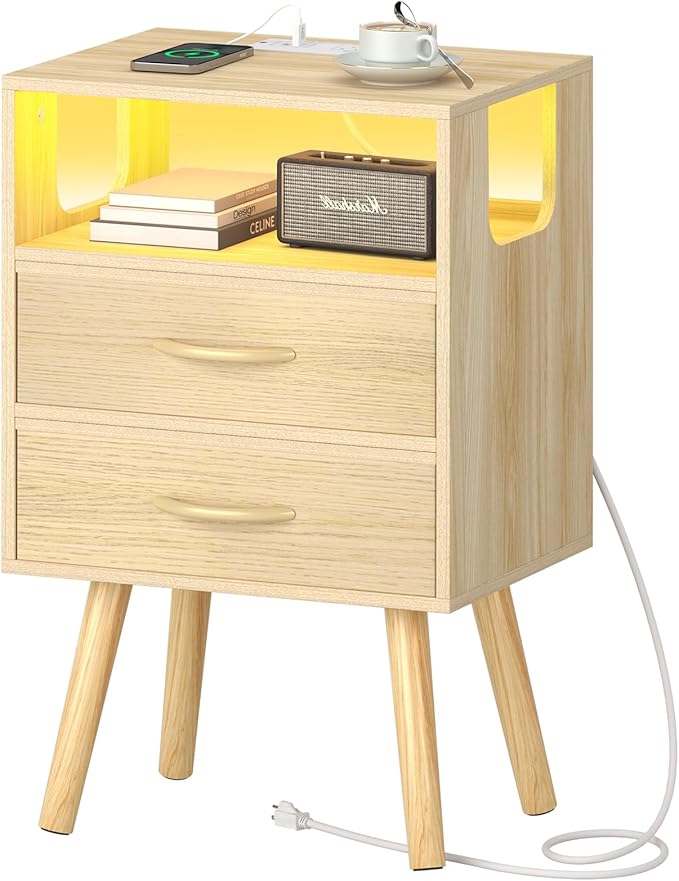 Yoobure LED Night Stand with Charger Station, Mid Century Modern Nightstand with Fabric Drawers, Bedside Table Nightstands with Storage Shelf, Bed Side Table Small Night Stands for Bedroom Living Room