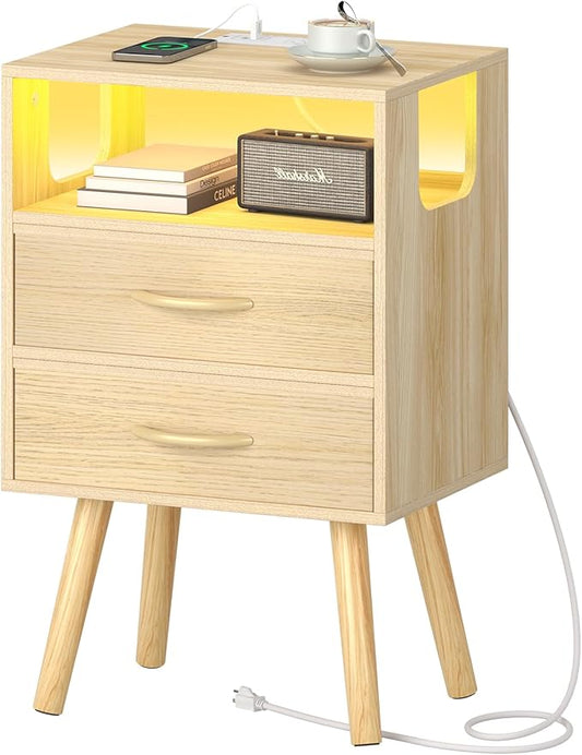 Yoobure LED Night Stand with Charger Station, Mid Century Modern Nightstand with Fabric Drawers, Bedside Table Nightstands with Storage Shelf, Bed Side Table Small Night Stands for Bedroom Living Room