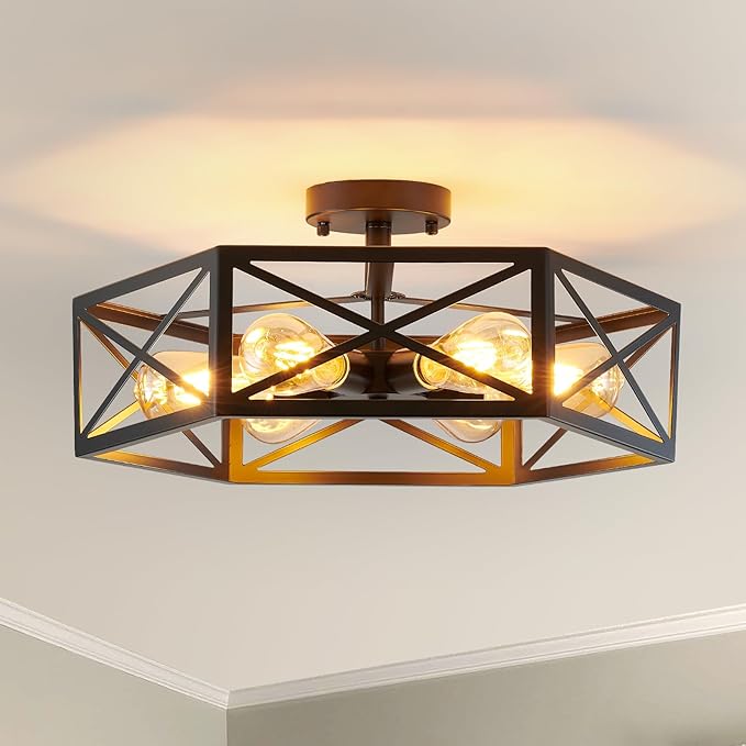 Industrial Semi Flush Mount Ceiling Light, 6 Light Modern Metal Close to Ceiling Light Fixture, Farmhouse Light Fixtures Ceiling Mount, Black Chandelier for Kitchen, Dining Room, Hallway