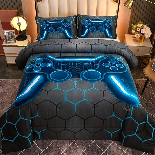NTBED Game Console Comforter Set for Boys Girls Kids Geometric Lightweight Microfiber Bedding Sets (Blue, Full 5Pcs)
